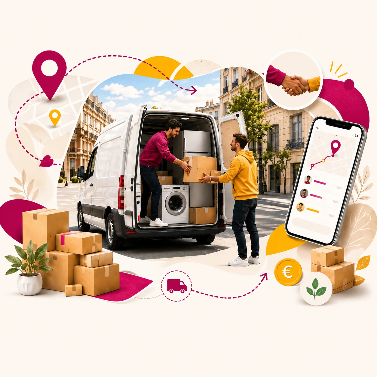 Livraison collaborative entre particuliers avec utilitaire, colis et électroménager en ville.