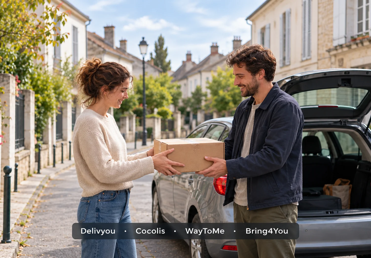 Deux particuliers se remettent un colis près d’une voiture dans une rue française