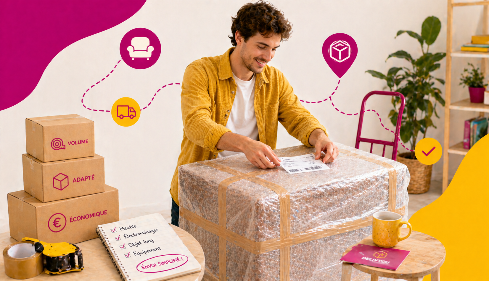 Personne préparant un colis volumineux emballé pour un envoi entre particuliers avec une solution de transport adaptée