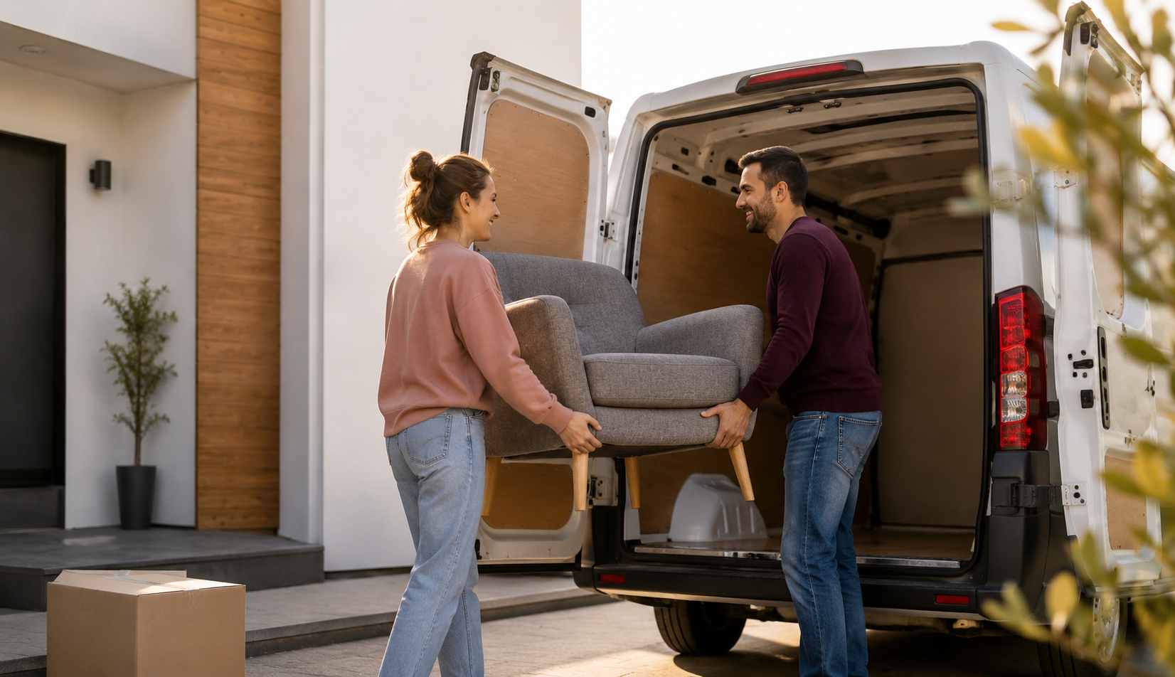 Deux particuliers chargent un fauteuil dans un utilitaire dans le cadre d’un cotransportage entre particuliers