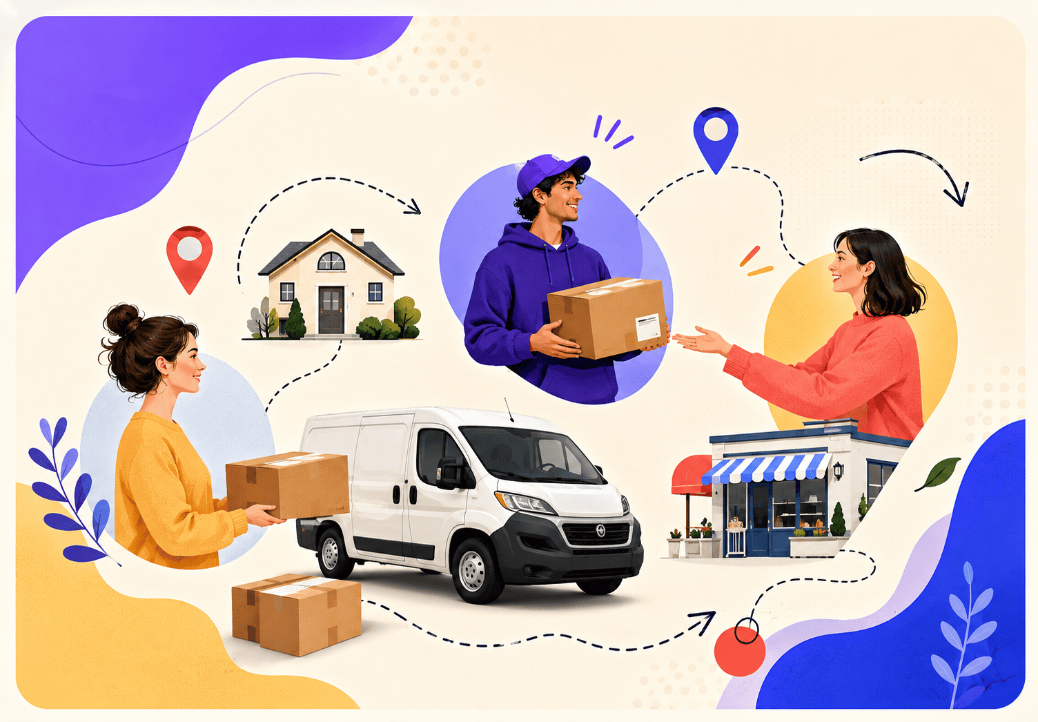 Illustration de livraison collaborative entre particuliers avec utilitaire, colis et boutique locale.
