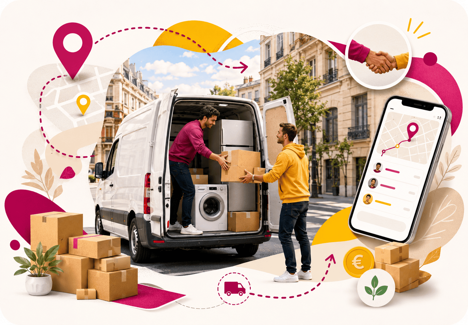 Livraison collaborative entre particuliers avec utilitaire, colis et électroménager en ville.