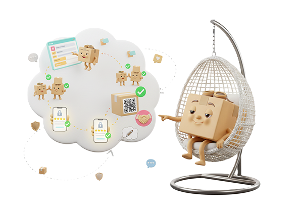 Illustration Delivyou représentant un colis souriant dans un fauteuil et une bulle de connexion entre particuliers — symbolisant une livraison simple, humaine et écoresponsable.