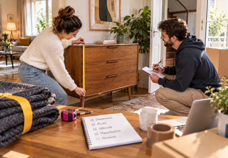 Une femme mesure une commode pendant qu’un particulier note ses dimensions avant son transport.