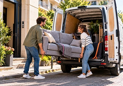 Deux particuliers chargent un canapé dans une camionnette pour le transporter sans louer de camion.