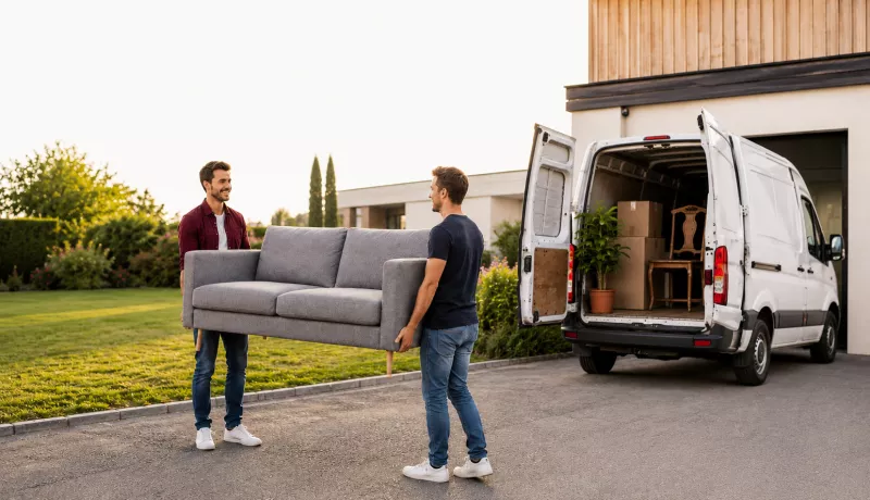 Transport de meuble entre particuliers avec chargement d’un canapé volumineux dans un utilitaire entre particuliers.