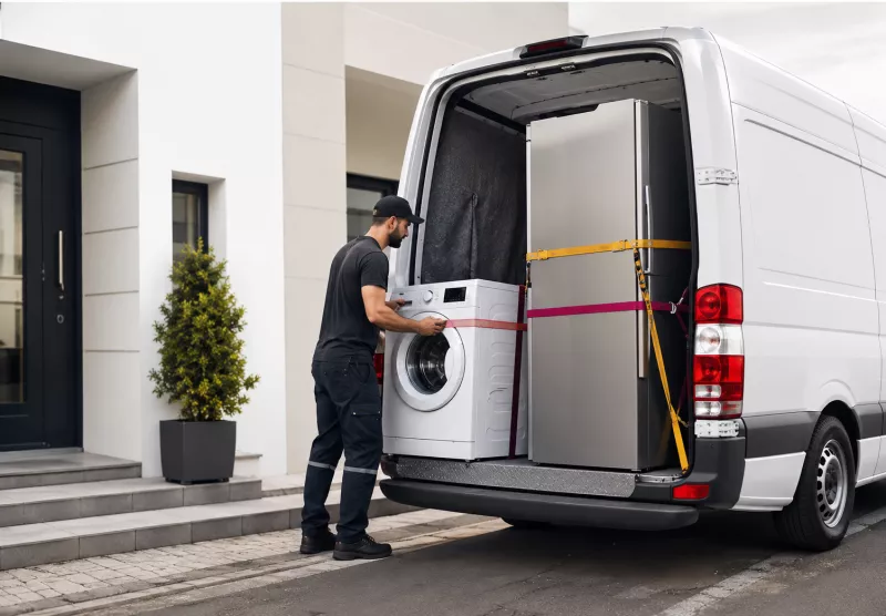 Transport d’électroménager entre particuliers avec frigo, machine à laver et camion de livraison sécurisé